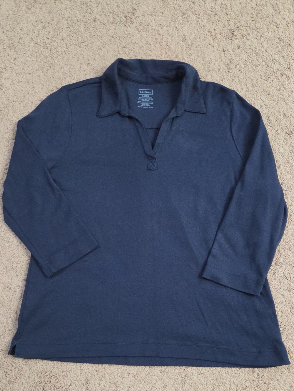 L.L. Bean Women's Navy Blue Supima Cotton 3/4 Sleeve Polo Top - Large Regular